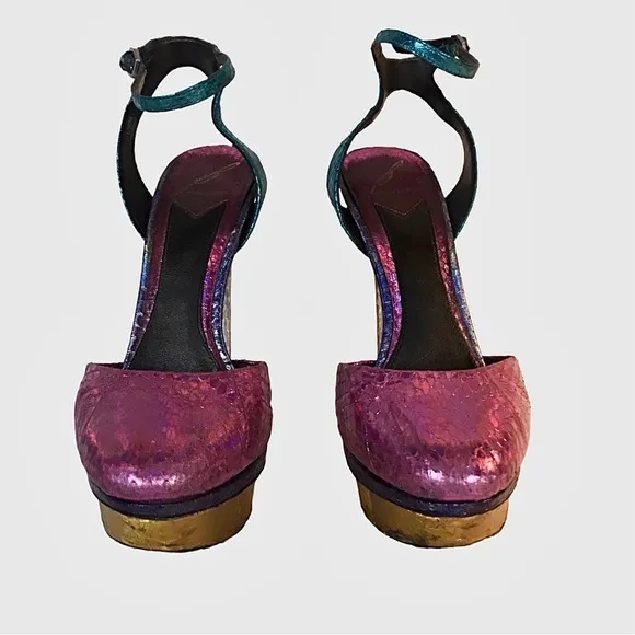 BRIAN ATWOOD &quot;FONTENAY&quot; MULTI-COLOR SNAKESKIN HOLOGRAM PLATFORM HEEL (7.5)