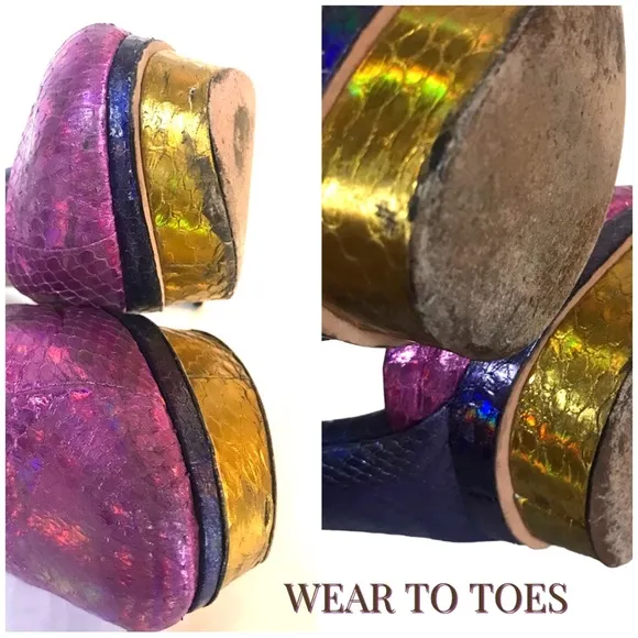 BRIAN ATWOOD &quot;FONTENAY&quot; MULTI-COLOR SNAKESKIN HOLOGRAM PLATFORM HEEL (7.5)
