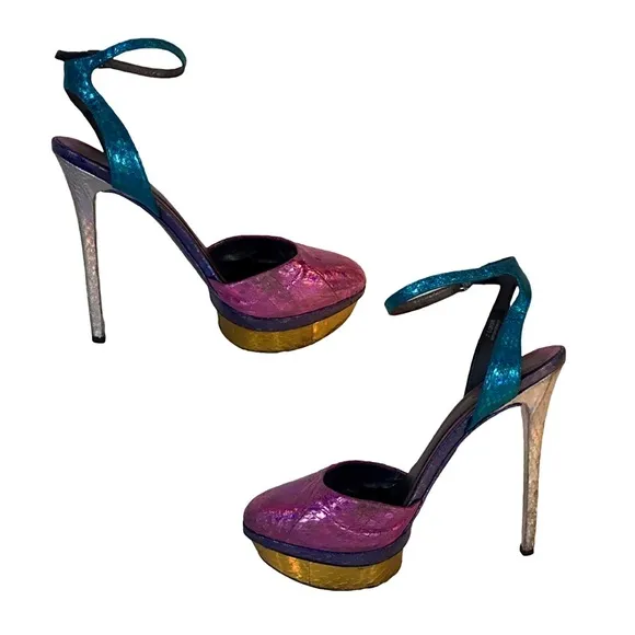BRIAN ATWOOD &quot;FONTENAY&quot; MULTI-COLOR SNAKESKIN HOLOGRAM PLATFORM HEEL (7.5)
