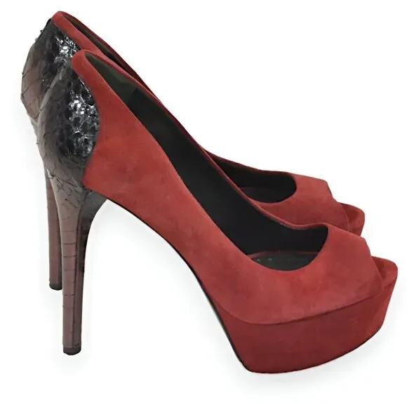 Brian Atwood Saffron Red Purple Leather Python Snakeskin Platform Heels 7.5