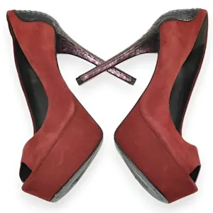 Brian Atwood Saffron Red Purple Leather Python Snakeskin Platform Heels 7.5