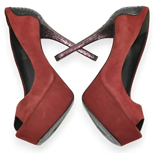 Brian Atwood Saffron Red Purple Leather Python Snakeskin Platform Heels 7.5