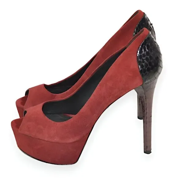 Brian Atwood Saffron Red Purple Leather Python Snakeskin Platform Heels 7.5