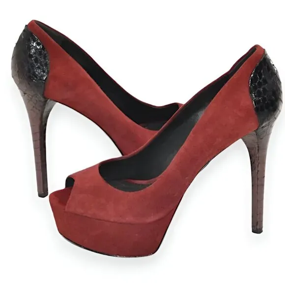 Brian Atwood Saffron Red Purple Leather Python Snakeskin Platform Heels 7.5