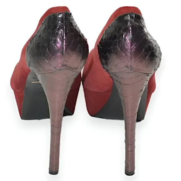 Brian Atwood Saffron Red Purple Leather Python Snakeskin Platform Heels 7.5