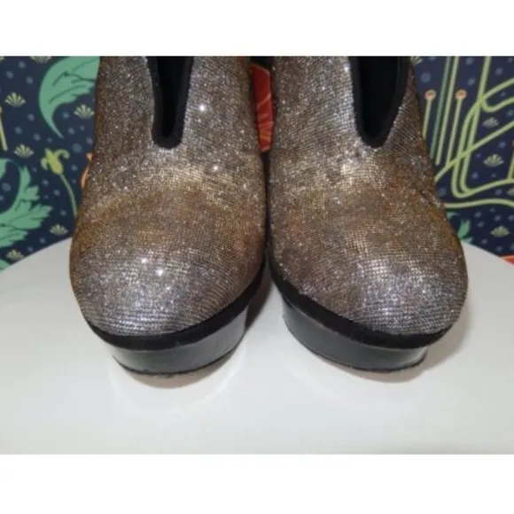 Brian Atwood Stiletto Platform Leopard Bootie Silver Gold Fortosa Heels Shoes