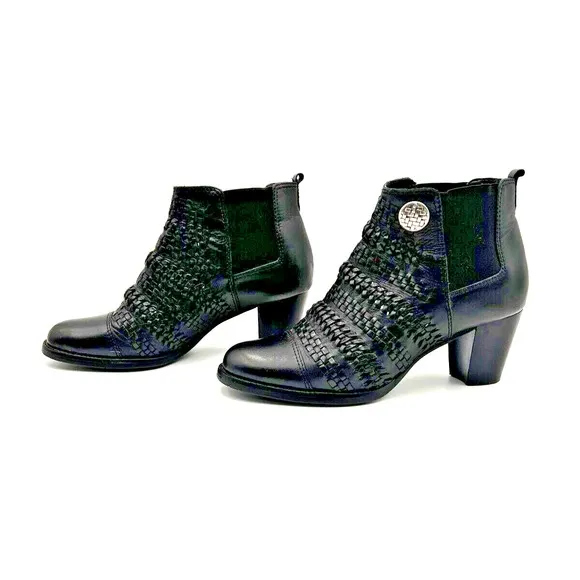 Brighton Boots Woven Leather Women Size 7.5 Medium Black Corporate Scandy Goth