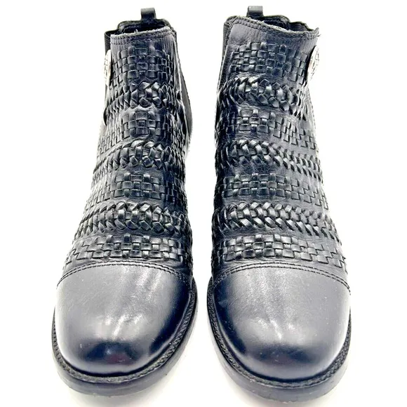 Brighton Boots Woven Leather Women Size 7.5 Medium Black Corporate Scandy Goth