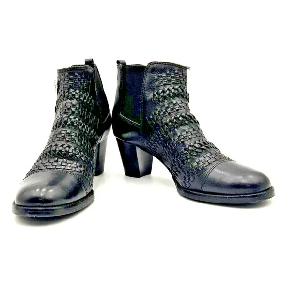 Brighton Boots Woven Leather Women Size 7.5 Medium Black Corporate Scandy Goth