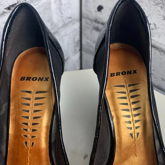 Bronx Black Patent Leather Mesh Peep Toe Wedge Pump