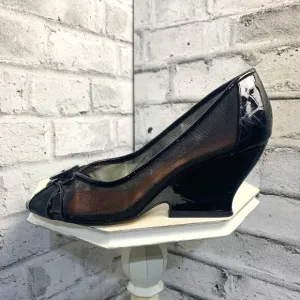 Bronx Black Patent Leather Mesh Peep Toe Wedge Pump