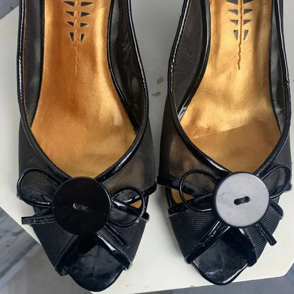 Bronx Black Patent Leather Mesh Peep Toe Wedge Pump