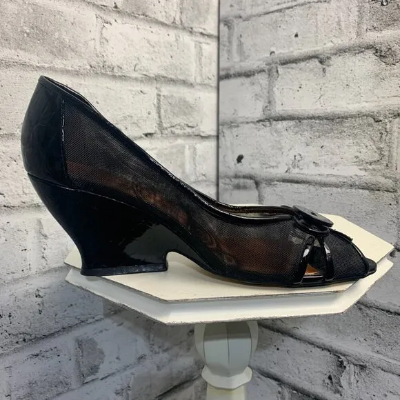 Bronx Black Patent Leather Mesh Peep Toe Wedge Pump