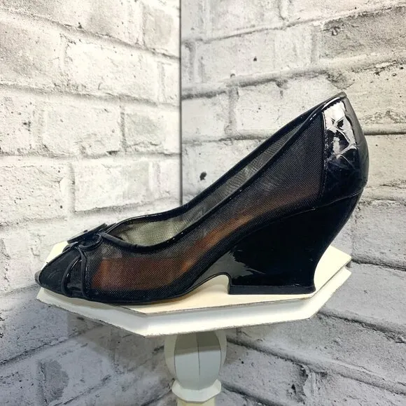 Bronx Black Patent Leather Mesh Peep Toe Wedge Pump