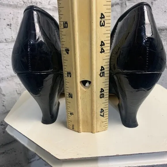 Bronx Black Patent Leather Mesh Peep Toe Wedge Pump