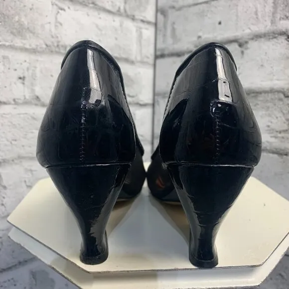 Bronx Black Patent Leather Mesh Peep Toe Wedge Pump