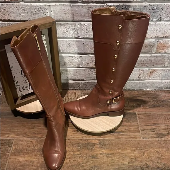 Brown and Gold Over the Knee Boots with Gold Studs