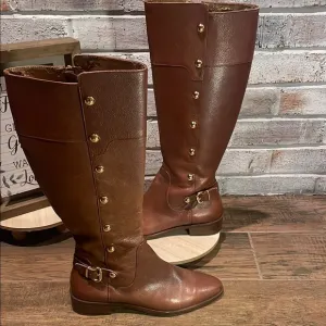 Brown and Gold Over the Knee Boots with Gold Studs