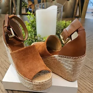 Brown Suede Espadrille Wedge Platforms Sandals Size 7.5 Marc Fisher
