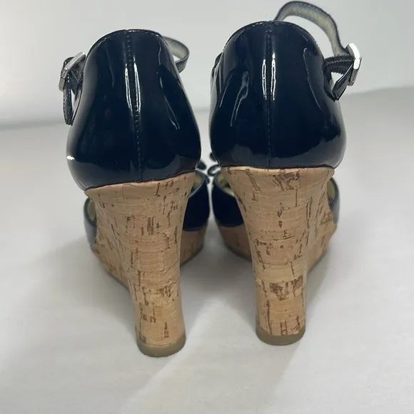 Bruno Magli Black Patent Leather Cork Wedge Peep Toe Shoes Size 36.5 US 6.5