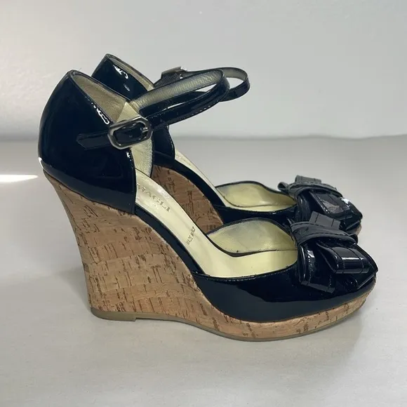 Bruno Magli Black Patent Leather Cork Wedge Peep Toe Shoes Size 36.5 US 6.5