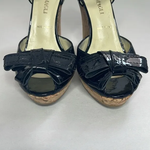 Bruno Magli Black Patent Leather Cork Wedge Peep Toe Shoes Size 36.5 US 6.5