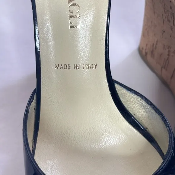 Bruno Magli Black Patent Leather Cork Wedge Peep Toe Shoes Size 36.5 US 6.5