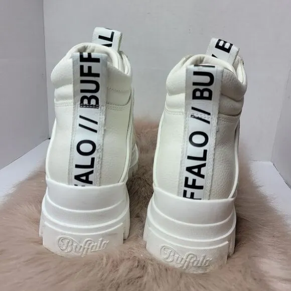 Buffalo Aspha Vegan Leather White Lace Platform Sneaker Boots Size 10.5