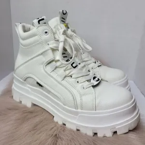 Buffalo Aspha Vegan Leather White Lace Platform Sneaker Boots Size 10.5