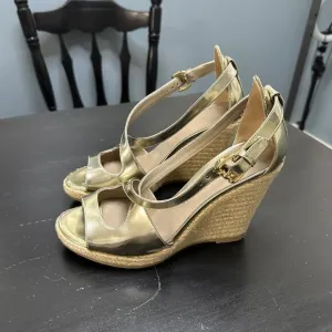Burberry Espadrille Gold Tone Open Toe Wedge Sandals Shoes Size 37