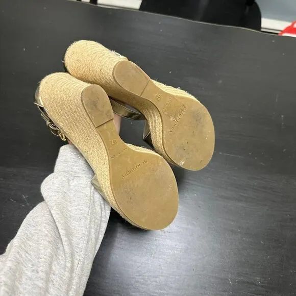 Burberry Espadrille Gold Tone Open Toe Wedge Sandals Shoes Size 37
