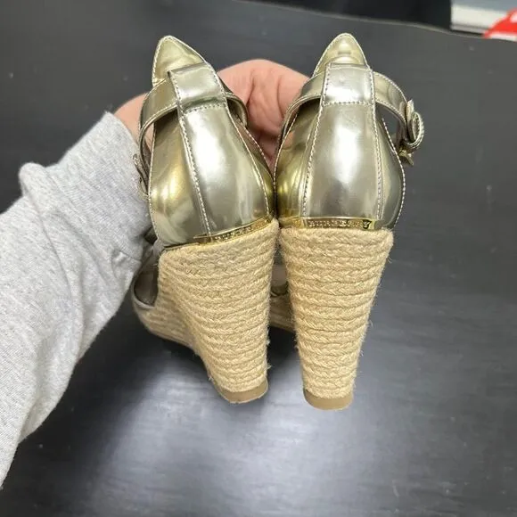 Burberry Espadrille Gold Tone Open Toe Wedge Sandals Shoes Size 37