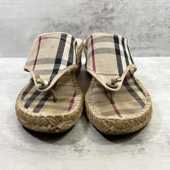 Burberry Nova Check Canvas Espadrille Thong Wedge Sandals - Women's EU 38 / US 8