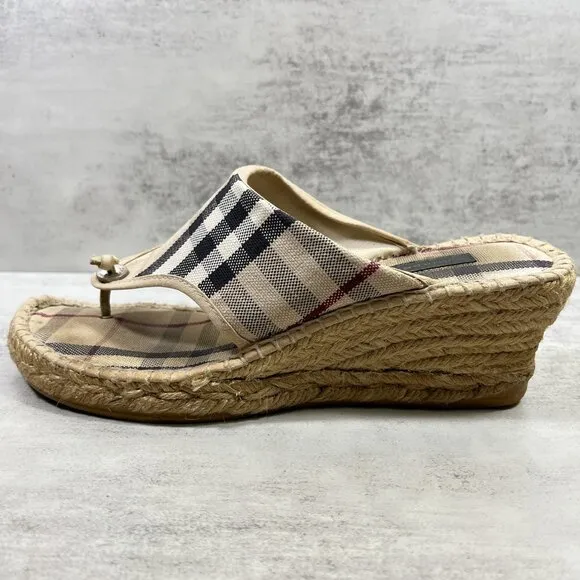 Burberry Nova Check Canvas Espadrille Thong Wedge Sandals - Women's EU 38 / US 8