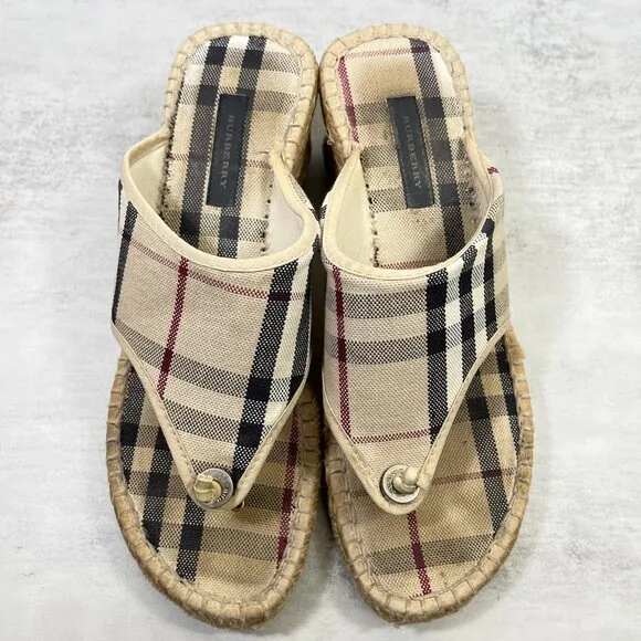 Burberry Nova Check Canvas Espadrille Thong Wedge Sandals - Women's EU 38 / US 8
