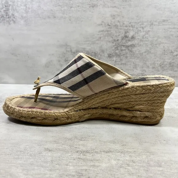 Burberry Nova Check Canvas Espadrille Thong Wedge Sandals - Women's EU 38 / US 8