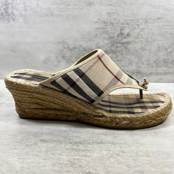 Burberry Nova Check Canvas Espadrille Thong Wedge Sandals - Women's EU 38 / US 8