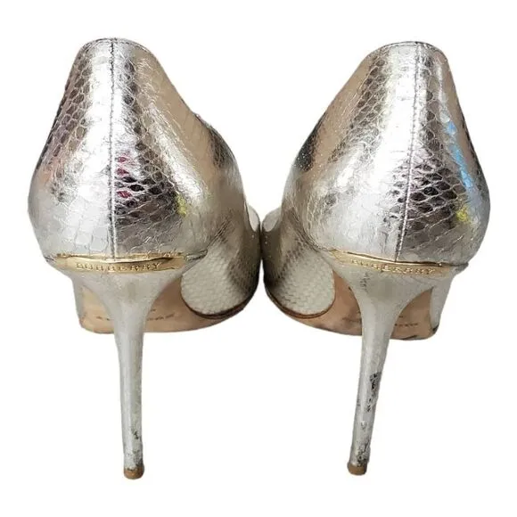 Burberry Silver Snakeskin Peep Toe Pumps Size 39.5 9.5
