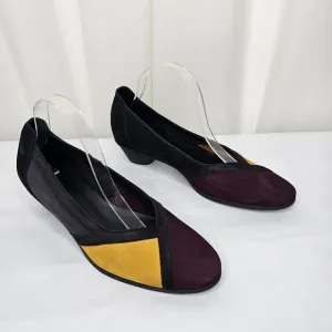 Cache Suede Color Block Heels Size 41 Black, Burgundy, and Yellow