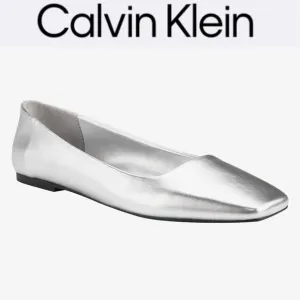 CALVIN KLEIN NYTA SILVER LEATHER SQUARE TOE WOMENS BALLET FLATS **NIB**