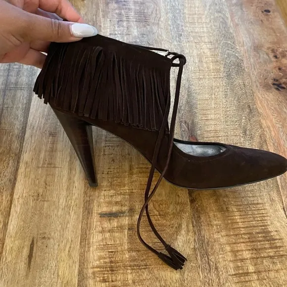 Calvin Klein Pixy brown leather suede stiletto pumps fringe and lace up shoes
