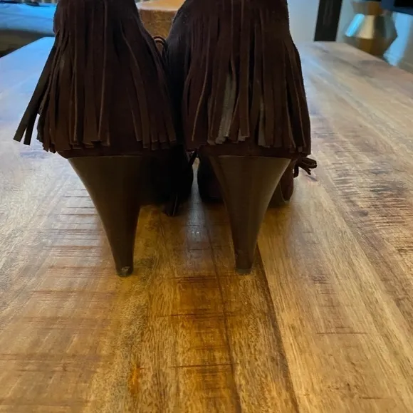 Calvin Klein Pixy brown leather suede stiletto pumps fringe and lace up shoes