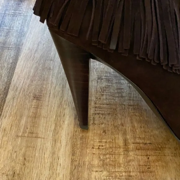 Calvin Klein Pixy brown leather suede stiletto pumps fringe and lace up shoes