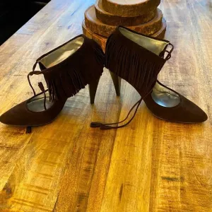 Calvin Klein Pixy brown leather suede stiletto pumps fringe and lace up shoes