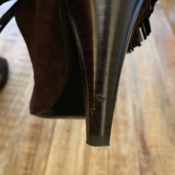 Calvin Klein Pixy brown leather suede stiletto pumps fringe and lace up shoes