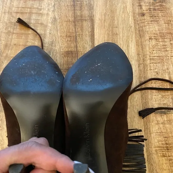 Calvin Klein Pixy brown leather suede stiletto pumps fringe and lace up shoes