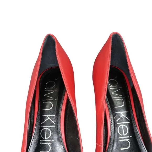 Calvin Klein Shoes Womens 9.5 Pumps Stiletto Heels Red Leather Pointed Toe Sexy