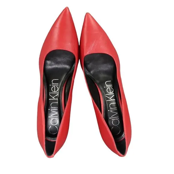 Calvin Klein Shoes Womens 9.5 Pumps Stiletto Heels Red Leather Pointed Toe Sexy