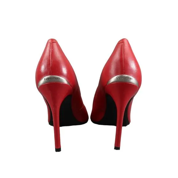 Calvin Klein Shoes Womens 9.5 Pumps Stiletto Heels Red Leather Pointed Toe Sexy
