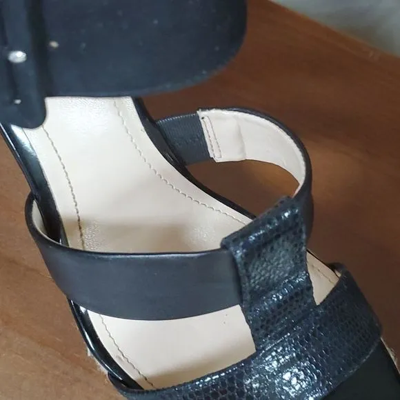 Calvin Klein 9M Ellison espadrille sandals black leather patent &amp; nubuck g…